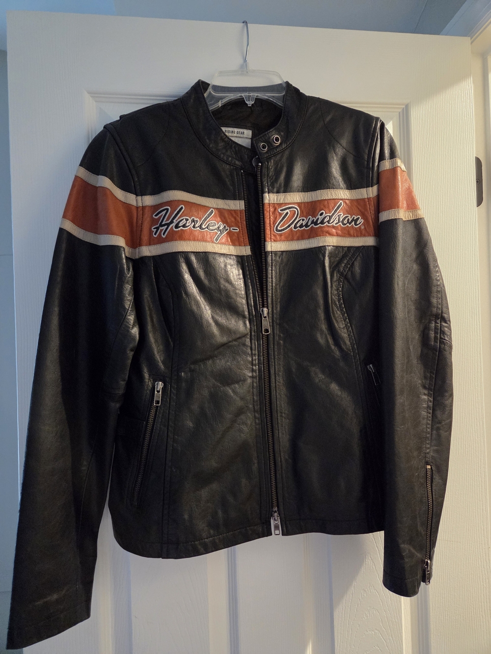 Harley-Davidson Women’s Black Leather Racing Jacket with Orange Stripe